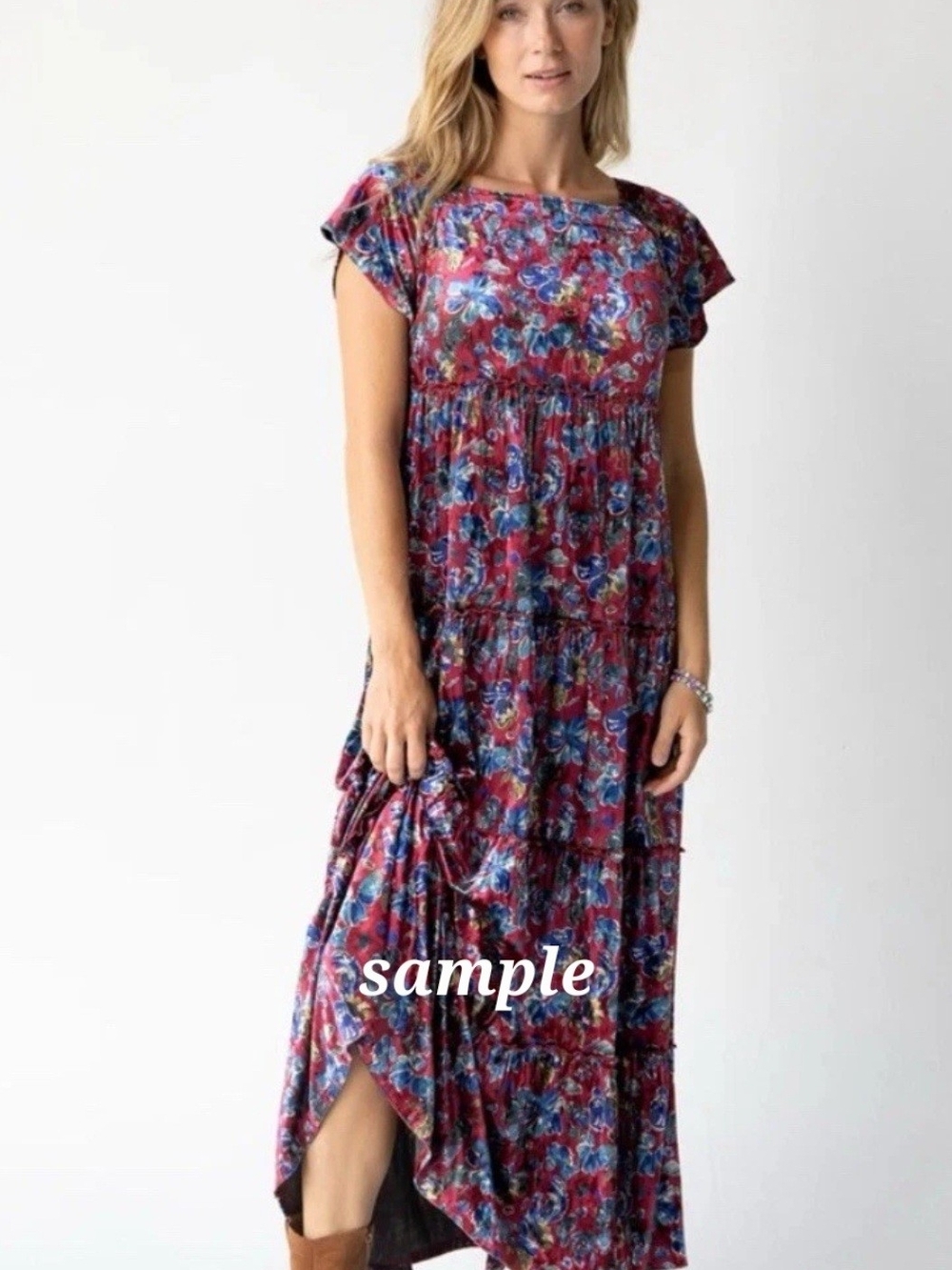 NATURAL LIFE Pint & Purple Floral Tiered Maxi Dress with Blue Accents